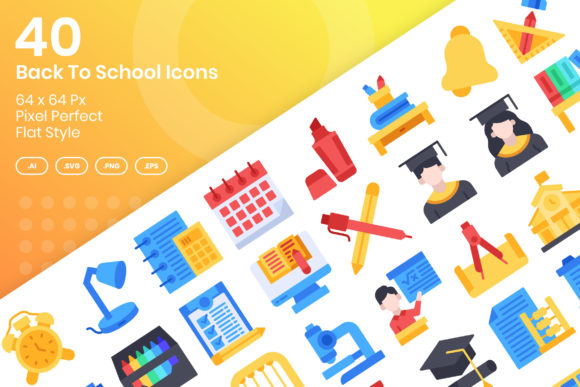 40 Back to School Icons – Flat for Practical Design Projects