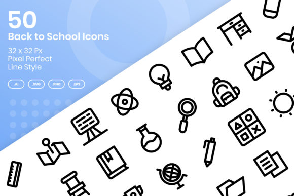 50 Back to School Icons – Line Style for Real Projects